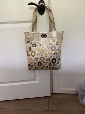 RARE Coach Metallic Beige Tote with Gold & Silver Circle Accents